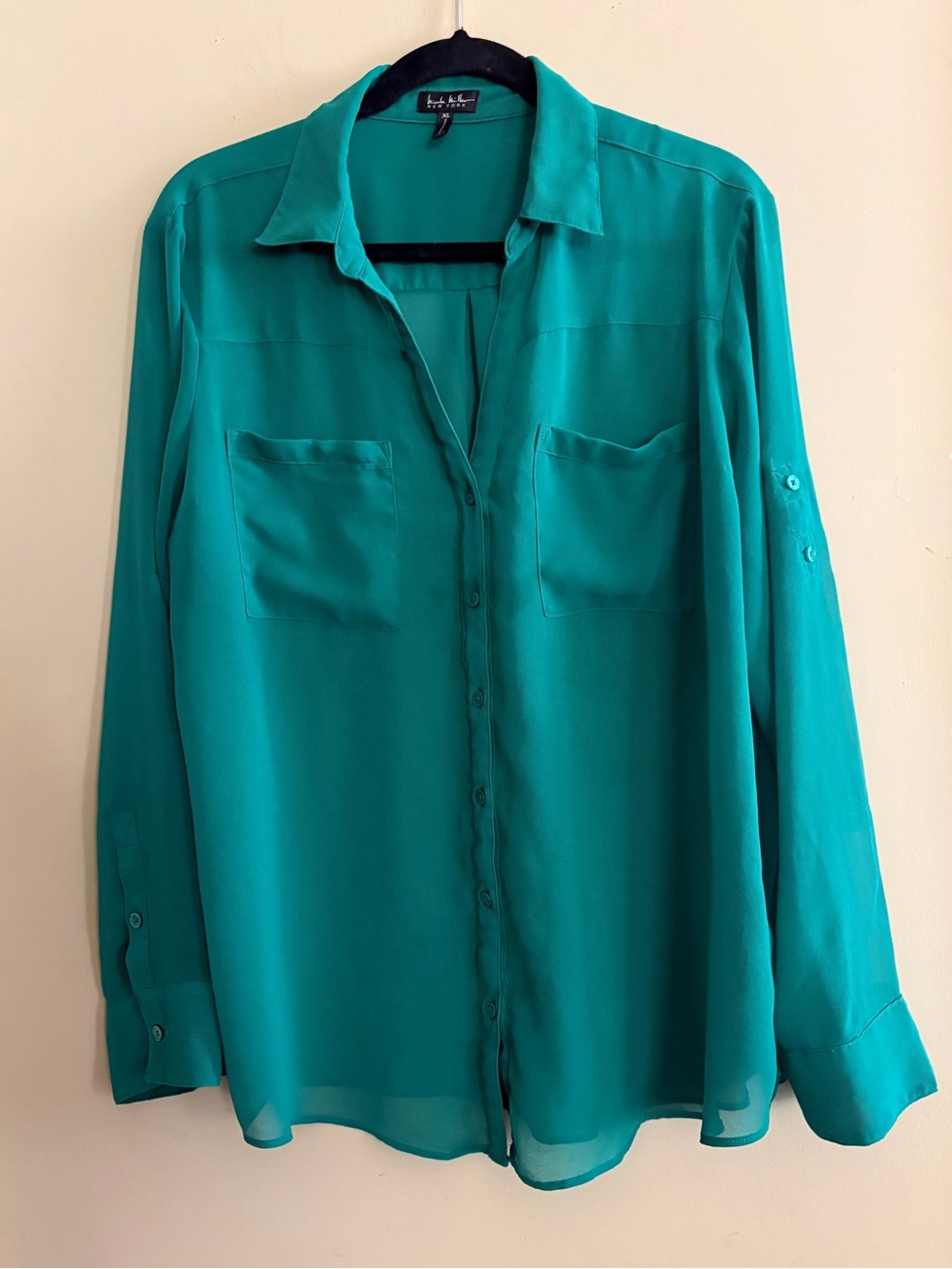 Nicole Miller Kelly Green Long-Sleeve Button Front Blouse XL